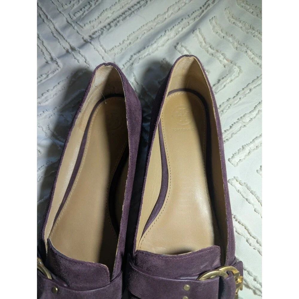 Tory Burch Plum Purple Suede Loafers Gold Buckle Flats Size 10